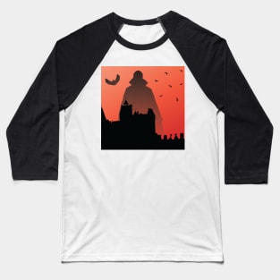 Dracula Shadow Over Castle And Graveyard Baseball T-Shirt